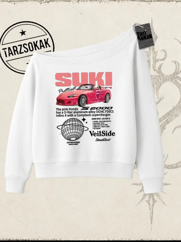 Unisex Suki Fast And Furious Kadın Kayık Yaka Sweatshirt Beyaz