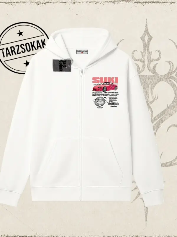 Unisex Suki Fast And Furious Oversize Unisex Hırka & Çeket Fermuarlı Sweatshirt Beyaz