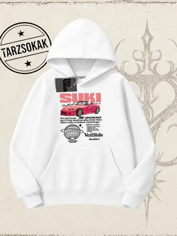 Unisex Suki Fast And Furious Oversize Unisex Kapşonlu Sweatshirt Beyaz