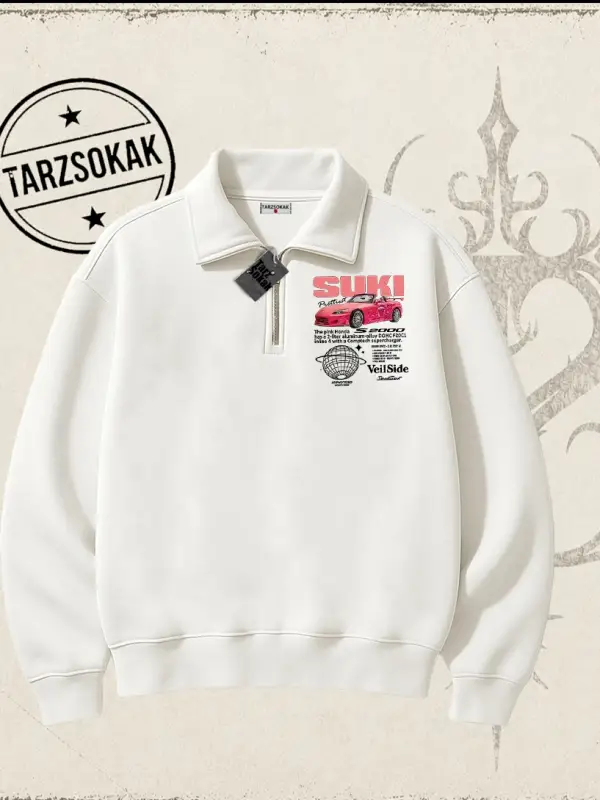 Unisex Suki Fast And Furious Unisex Polo Yaka Yarım Fermuarlı Sweatshirt Beyaz