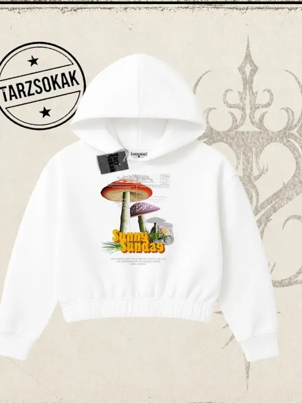 Unisex Sunny Sunday Kadın Crop Kapşonlu Sweatshirt Beyaz