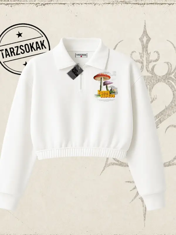 Unisex Sunny Sunday Kadın Crop Polo Yaka Yarım Fermuarlı Sweatshirt Beyaz