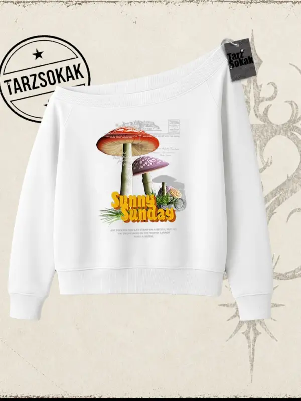 Unisex Sunny Sunday Kadın Kayık Yaka Sweatshirt Beyaz