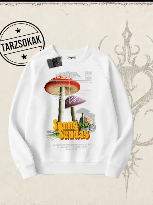 Unisex Sunny Sunday Oversize Unisex Bisiklet Yaka Sweatshirt Beyaz