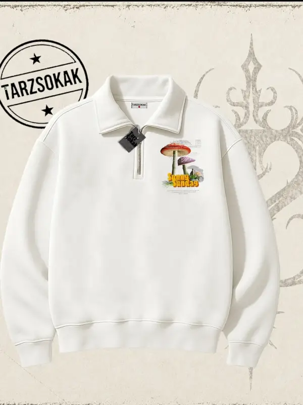 Unisex Sunny Sunday Unisex Polo Yaka Yarım Fermuarlı Sweatshirt Beyaz