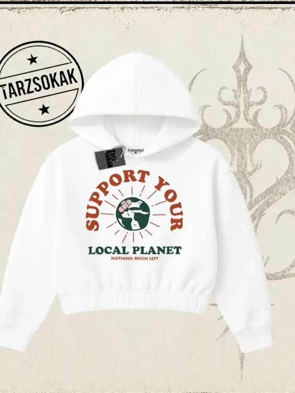 Unisex Support Your Kadın Crop Kapşonlu Sweatshirt Beyaz