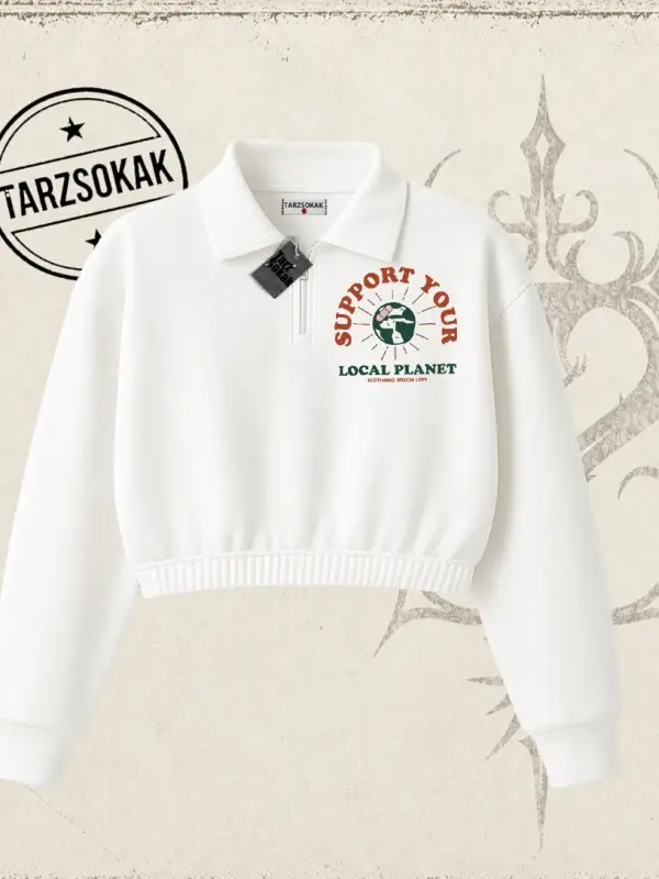 Unisex Support Your Kadın Crop Polo Yaka Yarım Fermuarlı Sweatshirt Beyaz