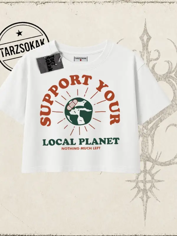 Unisex Support Your Kadın Crop Tişört Beyaz