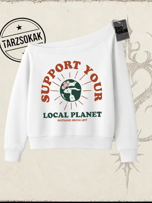 Unisex Support Your Kadın Kayık Yaka Sweatshirt Beyaz