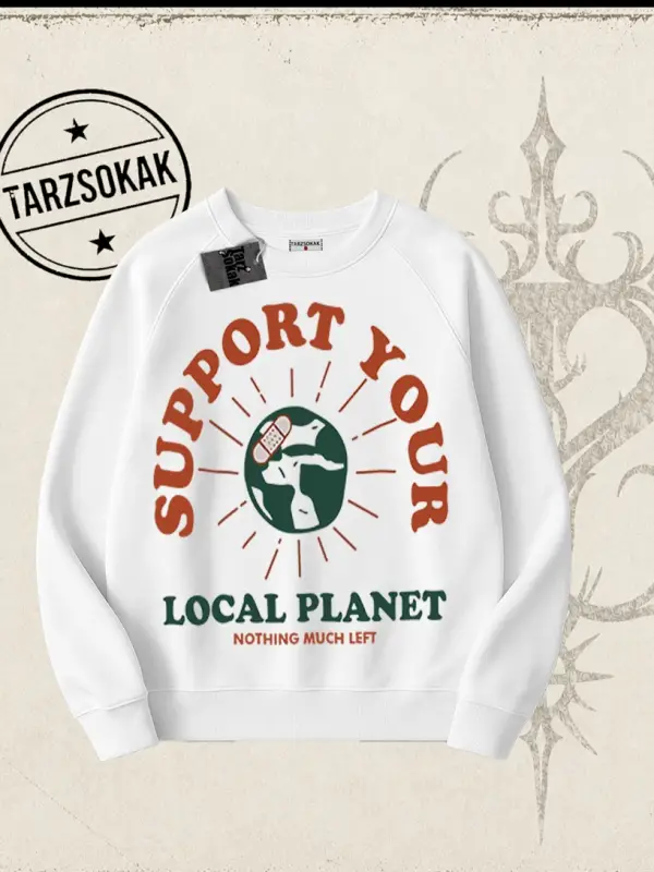 Unisex Support Your Oversize Unisex Bisiklet Yaka Sweatshirt Beyaz