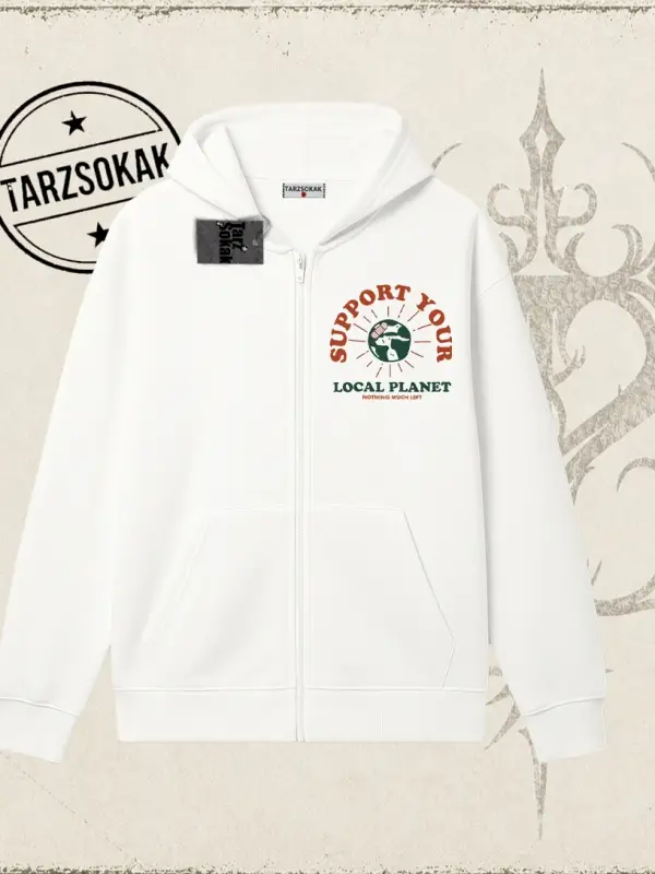 Unisex Support Your Oversize Unisex Hırka & Çeket Fermuarlı Sweatshirt Beyaz