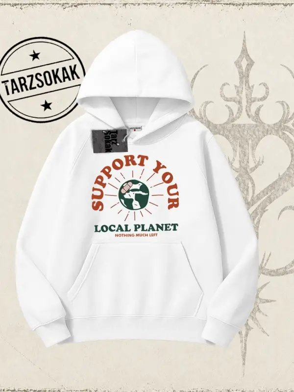 Unisex Support Your Oversize Unisex Kapşonlu Sweatshirt Beyaz