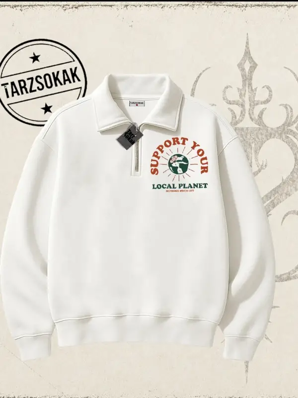 Unisex Support Your Unisex Polo Yaka Yarım Fermuarlı Sweatshirt Beyaz