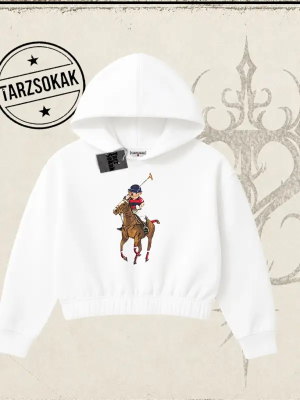 Unisex Teddy Horse Kadın Crop Kapşonlu Sweatshirt Beyaz