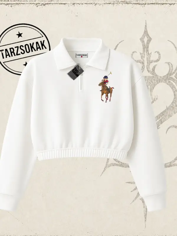 Unisex Teddy Horse Kadın Crop Polo Yaka Yarım Fermuarlı Sweatshirt Beyaz