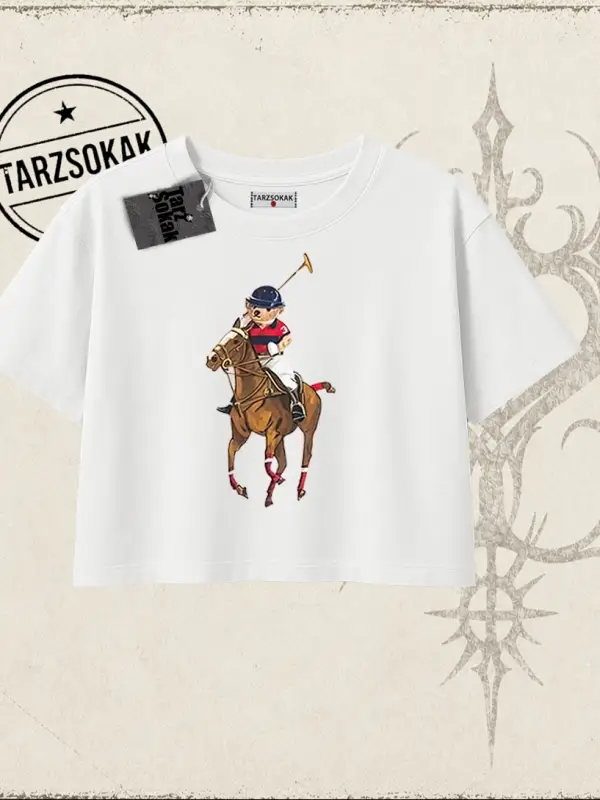 Unisex Teddy Horse Kadın Crop Tişört Beyaz
