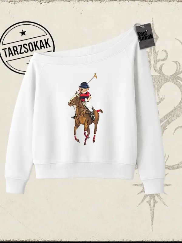 Unisex Teddy Horse Kadın Kayık Yaka Sweatshirt Beyaz