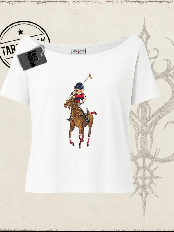 Unisex Teddy Horse Kadın Kayık Yaka Tişört Beyaz