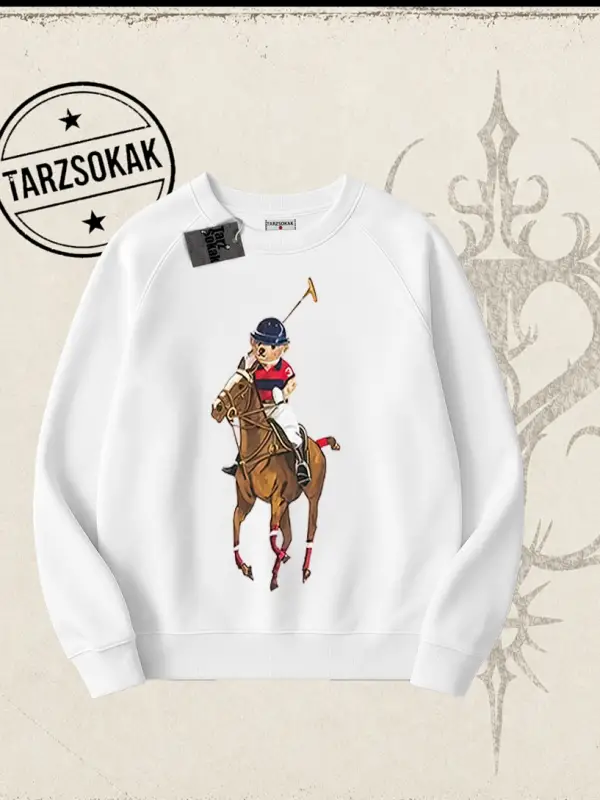Unisex Teddy Horse Oversize Unisex Bisiklet Yaka Sweatshirt Beyaz