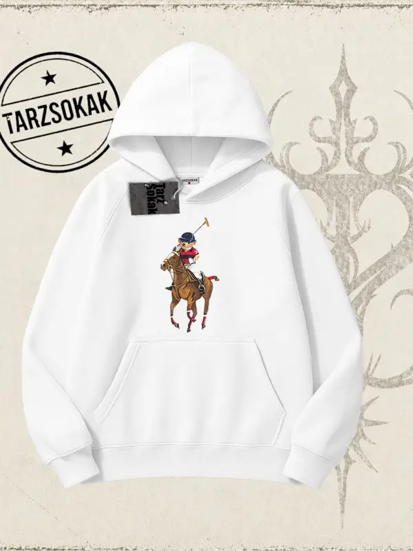 Unisex Teddy Horse Oversize Unisex Kapşonlu Sweatshirt Beyaz