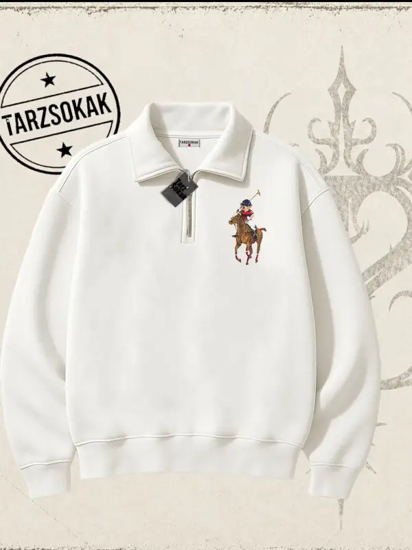 Unisex Teddy Horse Unisex Polo Yaka Yarım Fermuarlı Sweatshirt Beyaz