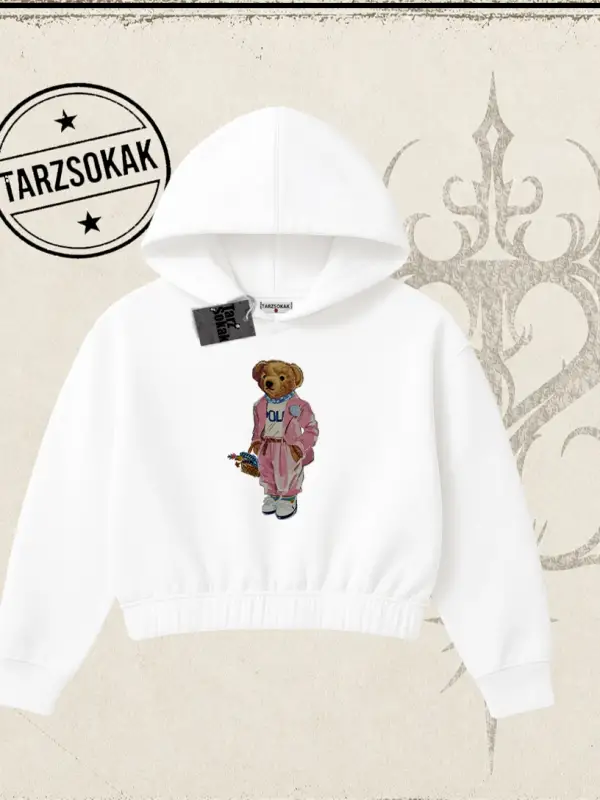 Unisex Teddy Kadın Crop Kapşonlu Sweatshirt Beyaz