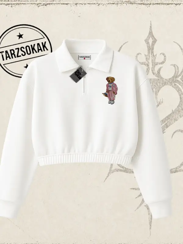 Unisex Teddy Kadın Crop Polo Yaka Yarım Fermuarlı Sweatshirt Beyaz