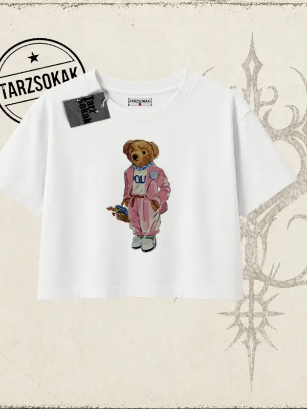 Unisex Teddy Kadın Crop Tişört Beyaz