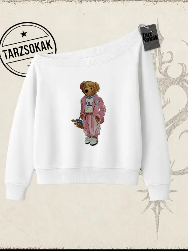 Unisex Teddy Kadın Kayık Yaka Sweatshirt Beyaz