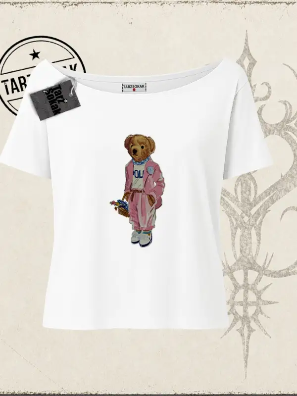 Unisex Teddy Kadın Kayık Yaka Tişört Beyaz