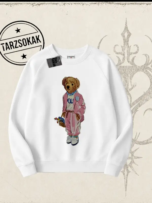 Unisex Teddy Oversize Unisex Bisiklet Yaka Sweatshirt Beyaz