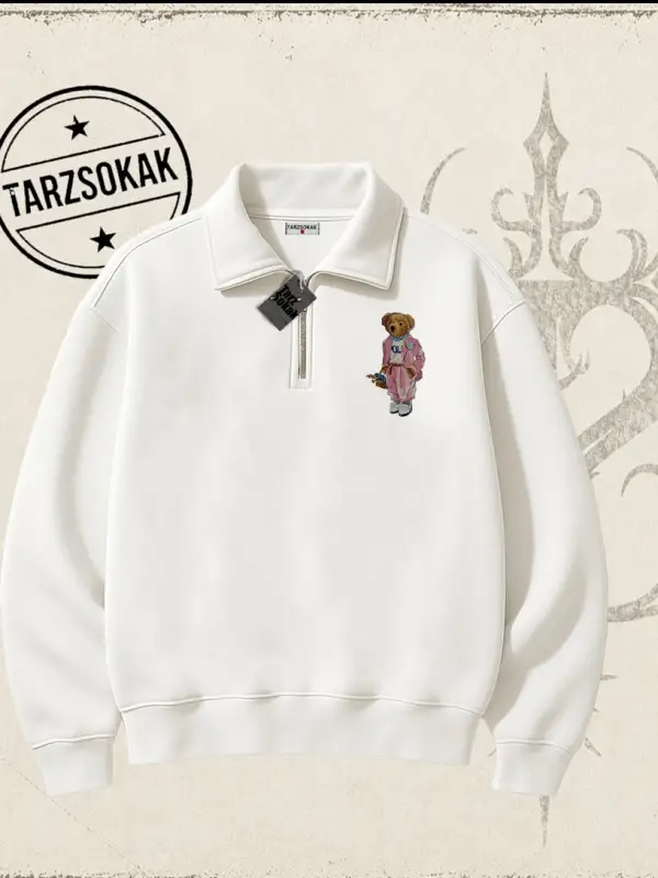 Unisex Teddy Unisex Polo Yaka Yarım Fermuarlı Sweatshirt Beyaz