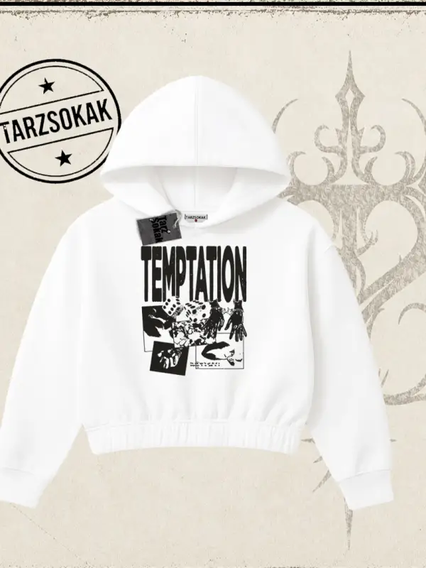 Unisex Temptation Tshirt Kadın Crop Kapşonlu Sweatshirt Beyaz