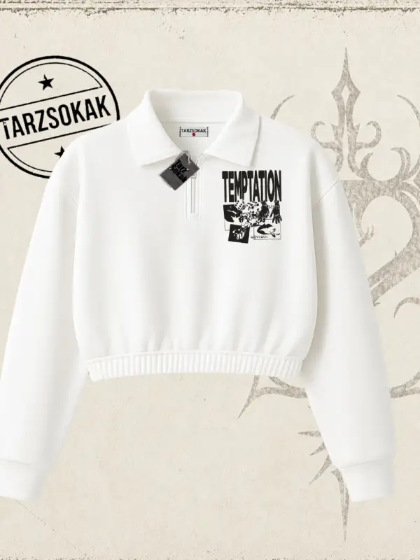 Unisex Temptation Tshirt Kadın Crop Polo Yaka Yarım Fermuarlı Sweatshirt Beyaz