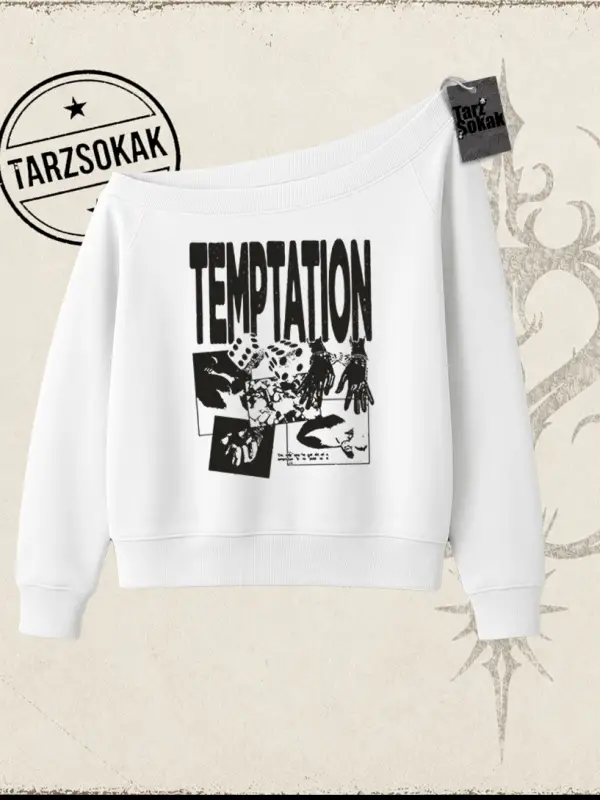 Unisex Temptation Tshirt Kadın Kayık Yaka Sweatshirt Beyaz