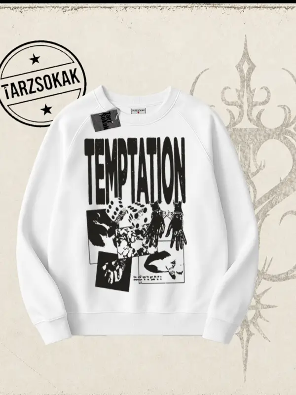 Unisex Temptation Tshirt Oversize Unisex Bisiklet Yaka Sweatshirt Beyaz