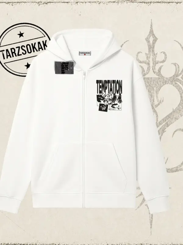Unisex Temptation Tshirt Oversize Unisex Hırka & Çeket Fermuarlı Sweatshirt Beyaz