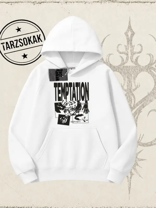Unisex Temptation Tshirt Oversize Unisex Kapşonlu Sweatshirt Beyaz