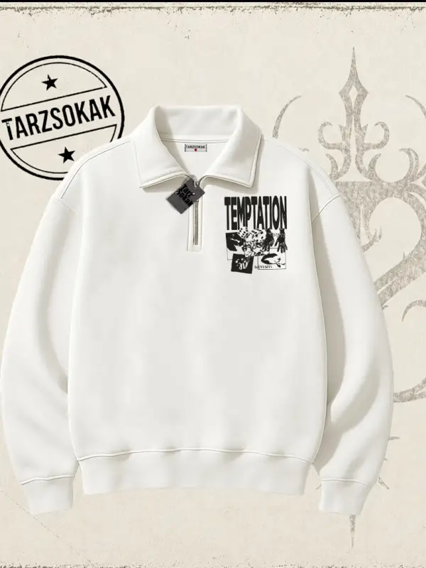Unisex Temptation Tshirt Unisex Polo Yaka Yarım Fermuarlı Sweatshirt Beyaz