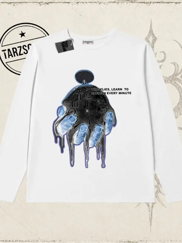 Unisex Time Flies Biskilet Yaka  Long Sleeve Beyaz