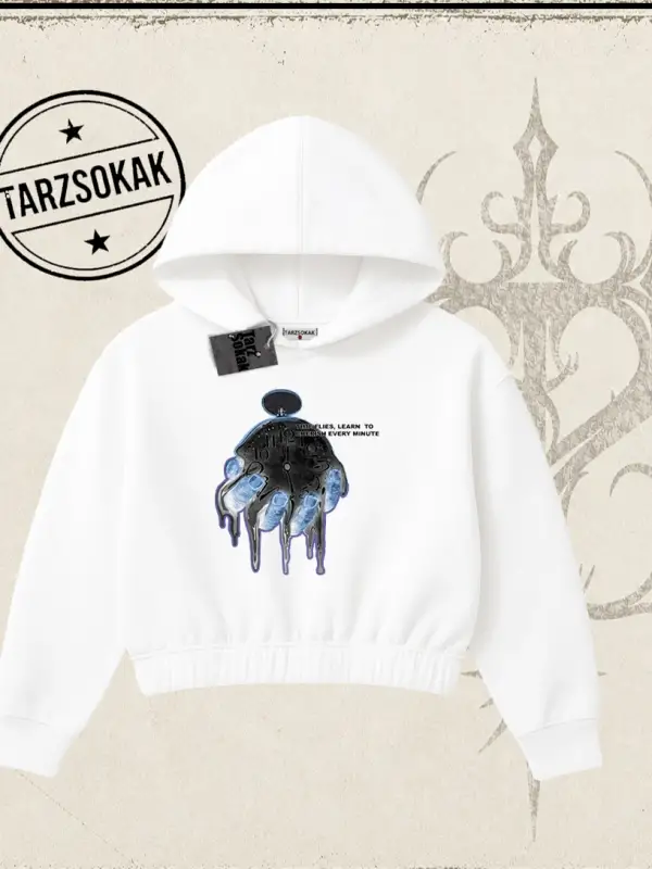 Unisex Time Flies Kadın Crop Kapşonlu Sweatshirt Beyaz