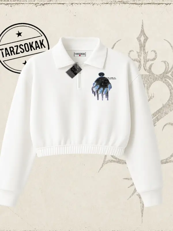Unisex Time Flies Kadın Crop Polo Yaka Yarım Fermuarlı Sweatshirt Beyaz