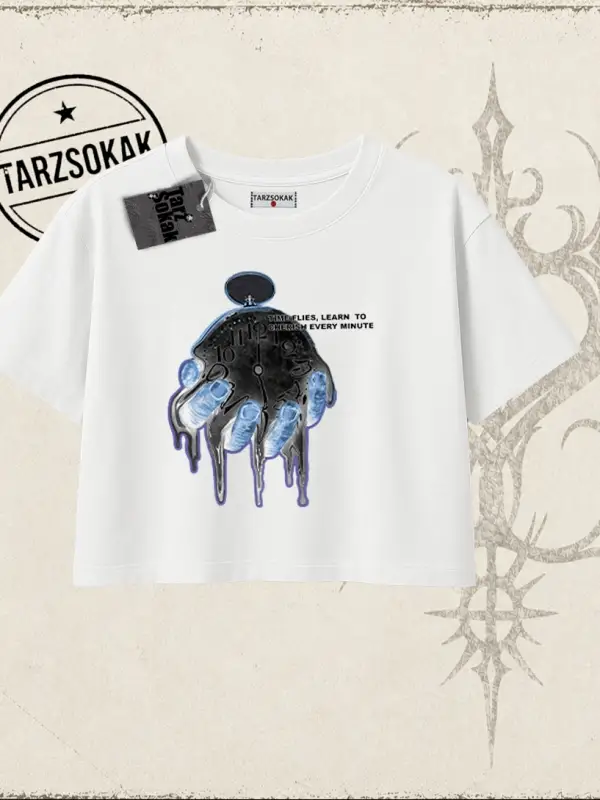 Unisex Time Flies Kadın Crop Tişört Beyaz