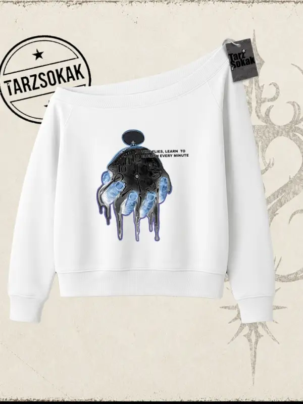 Unisex Time Flies Kadın Kayık Yaka Sweatshirt Beyaz