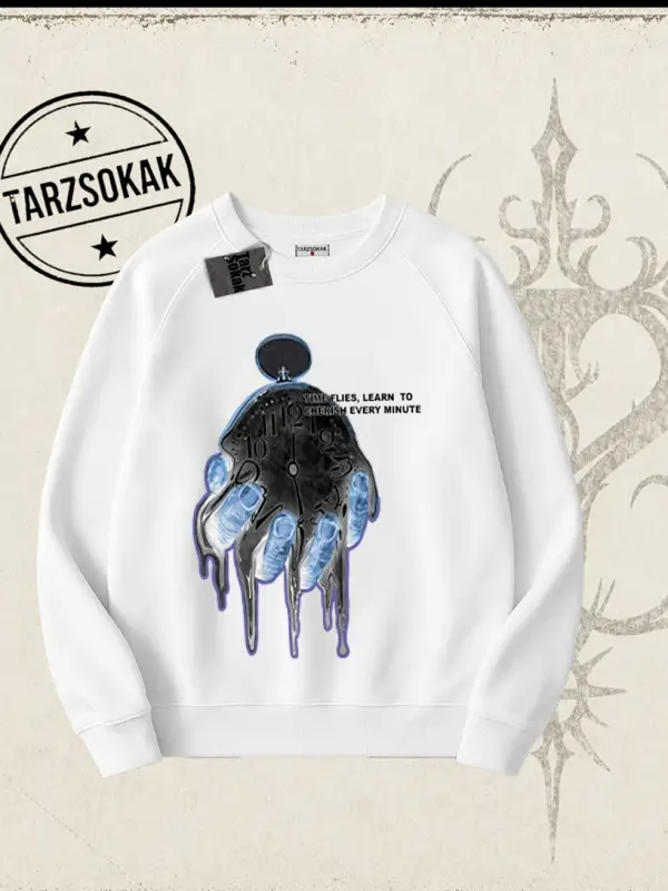 Unisex Time Flies Oversize Unisex Bisiklet Yaka Sweatshirt Beyaz