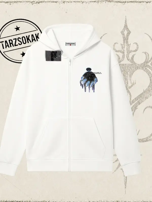 Unisex Time Flies Oversize Unisex Hırka & Çeket Fermuarlı Sweatshirt Beyaz