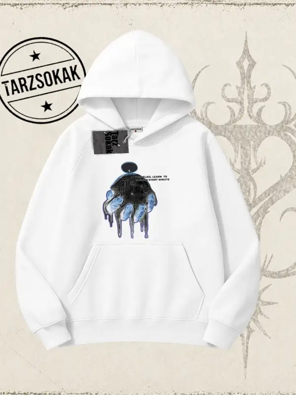 Unisex Time Flies Oversize Unisex Kapşonlu Sweatshirt Beyaz