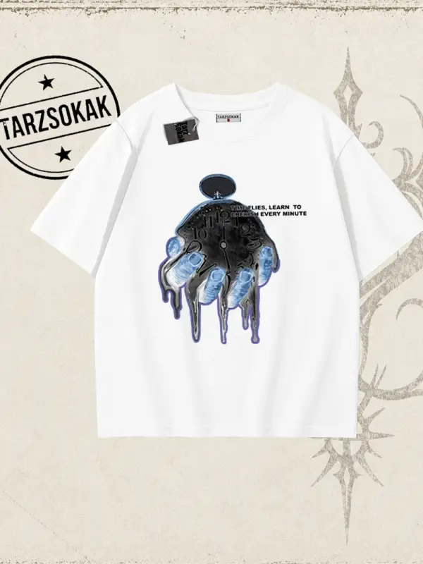 Unisex Time Flies Oversize Unisex Tişört Beyaz