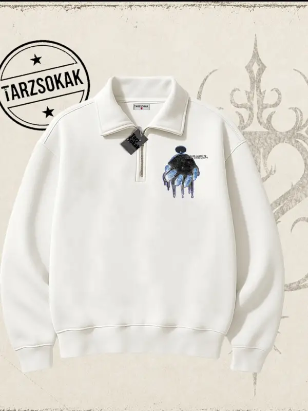 Unisex Time Flies Unisex Polo Yaka Yarım Fermuarlı Sweatshirt Beyaz