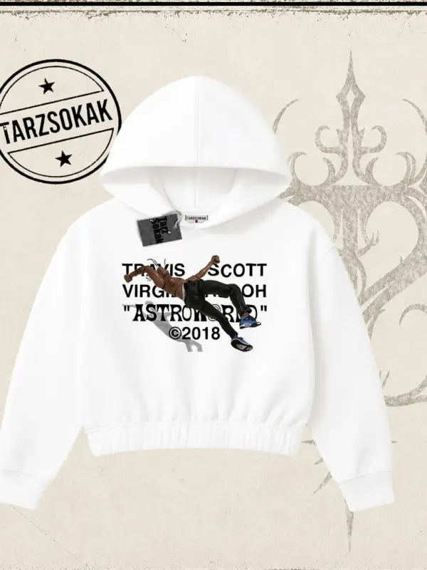 Unisex Travis Scott Astroworld 2018 Kadın Crop Kapşonlu Sweatshirt Beyaz
